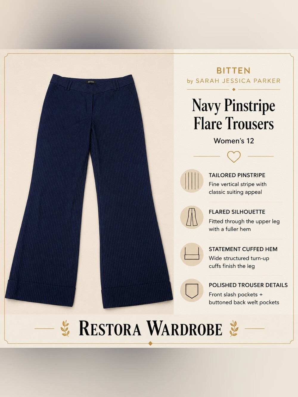 Bitten Sarah Jessica Parker Y2K Navy Pinstripe Flare Cuffed Trousers 12